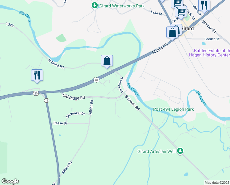 map of restaurants, bars, coffee shops, grocery stores, and more near 9915 Old Ridge Rd in Girard
