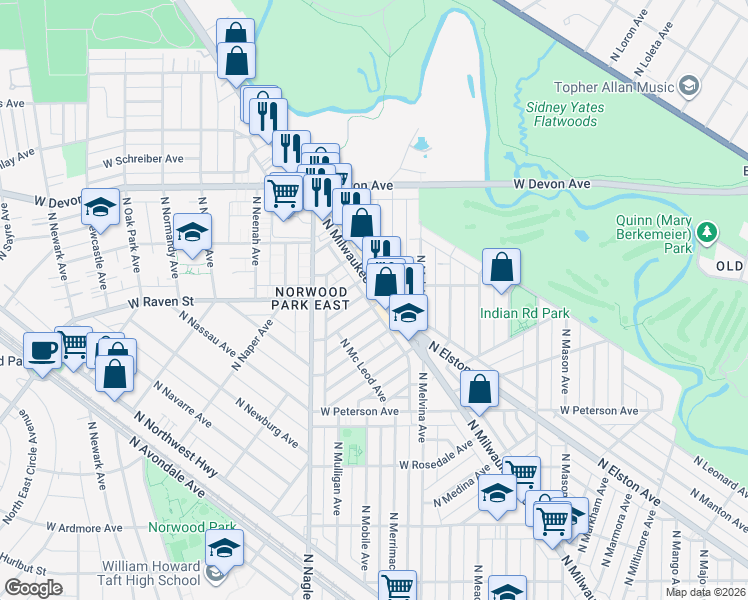 map of restaurants, bars, coffee shops, grocery stores, and more near 6201 North Milwaukee Avenue in Chicago