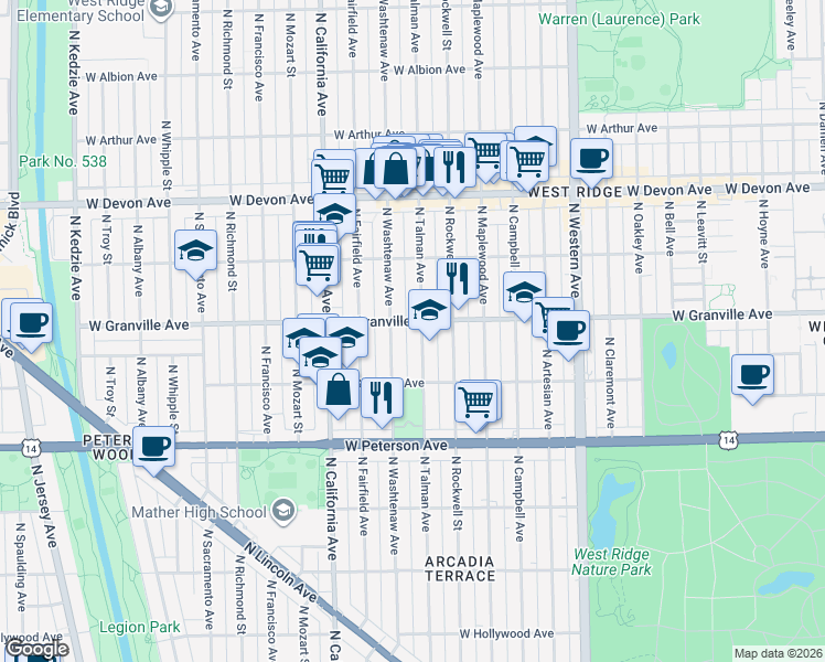 map of restaurants, bars, coffee shops, grocery stores, and more near 6154 North Talman Avenue in Chicago