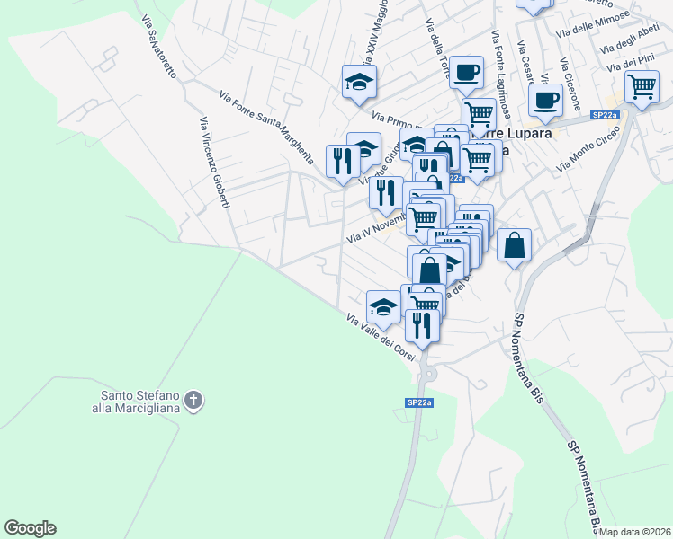 map of restaurants, bars, coffee shops, grocery stores, and more near Via dante Alighieri in Tor Lupara