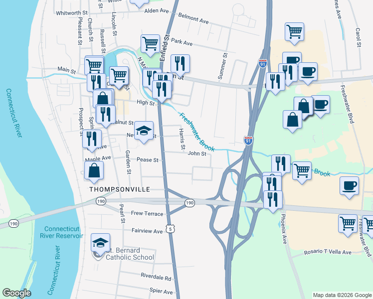 map of restaurants, bars, coffee shops, grocery stores, and more near 3 Harris Street in Enfield