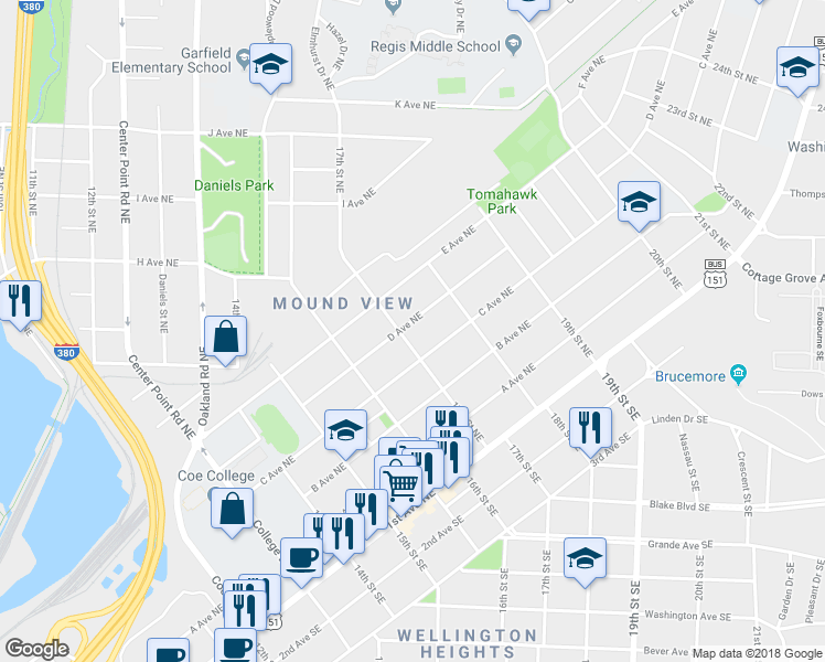 map of restaurants, bars, coffee shops, grocery stores, and more near 1707 D Avenue Northeast in Cedar Rapids