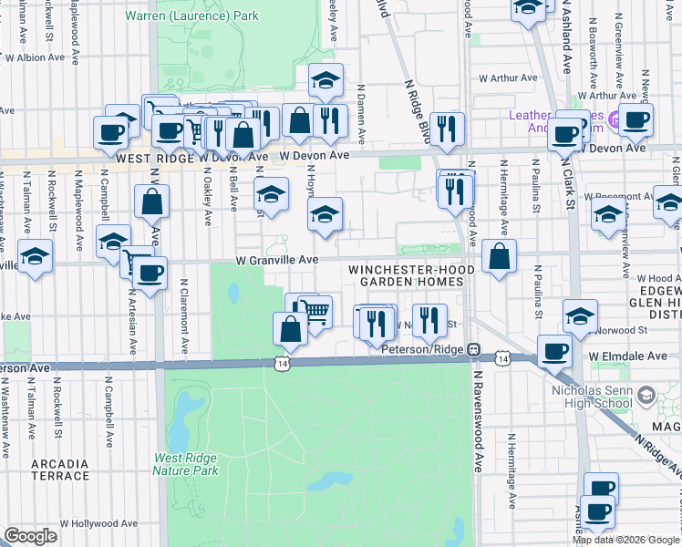 map of restaurants, bars, coffee shops, grocery stores, and more near 2025 West Granville Avenue in Chicago