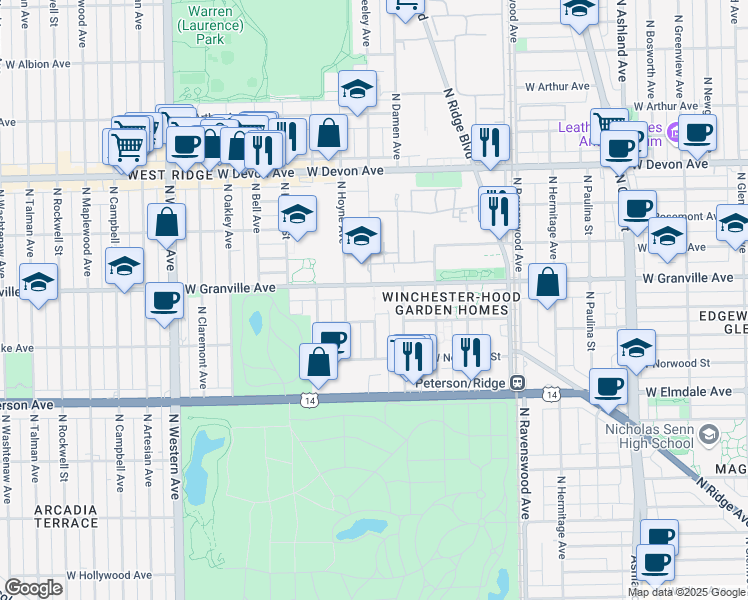 map of restaurants, bars, coffee shops, grocery stores, and more near 2025 West Granville Avenue in Chicago