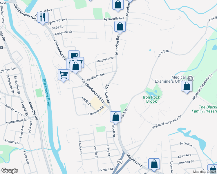 map of restaurants, bars, coffee shops, grocery stores, and more near 1928 Mendon Road in Woonsocket
