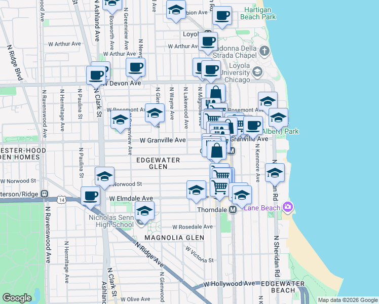 map of restaurants, bars, coffee shops, grocery stores, and more near 6140 North Lakewood Avenue in Chicago