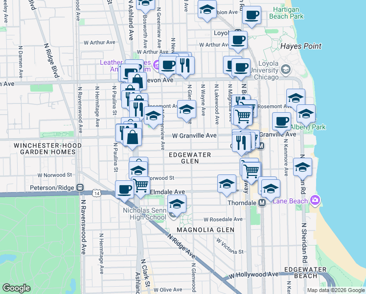 map of restaurants, bars, coffee shops, grocery stores, and more near 1414 West Hood Avenue in Chicago