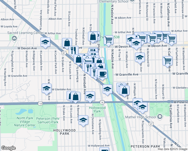 map of restaurants, bars, coffee shops, grocery stores, and more near 6131 North Lincoln Avenue in Chicago