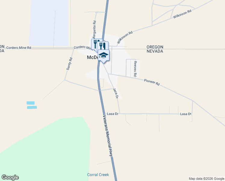 map of restaurants, bars, coffee shops, grocery stores, and more near 340 Jaca Drive in McDermitt