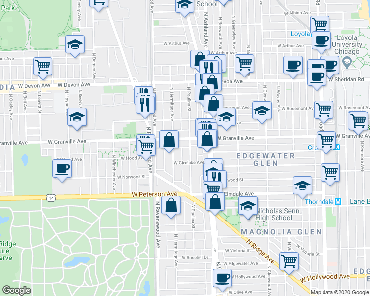map of restaurants, bars, coffee shops, grocery stores, and more near 6130 North Paulina Street in Chicago