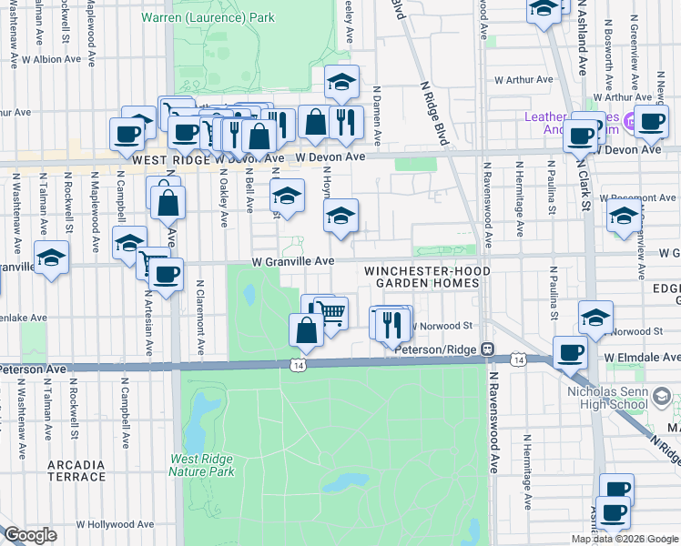map of restaurants, bars, coffee shops, grocery stores, and more near 2101 West Granville Avenue in Chicago