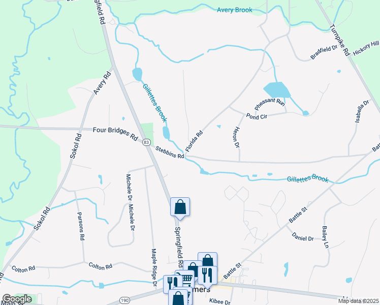 map of restaurants, bars, coffee shops, grocery stores, and more near 39 Stebbins Road in Somers