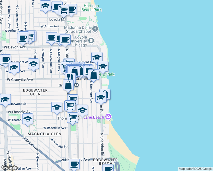 map of restaurants, bars, coffee shops, grocery stores, and more near 6151 North Sheridan Road in Chicago