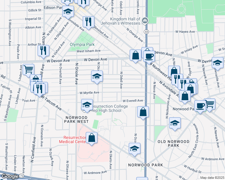 map of restaurants, bars, coffee shops, grocery stores, and more near 7330 West Myrtle Avenue in Chicago