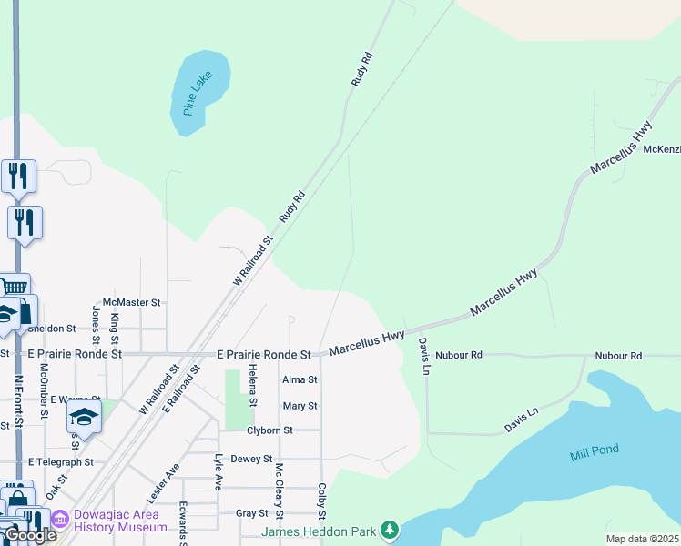 map of restaurants, bars, coffee shops, grocery stores, and more near 55304 Colby Street in Dowagiac
