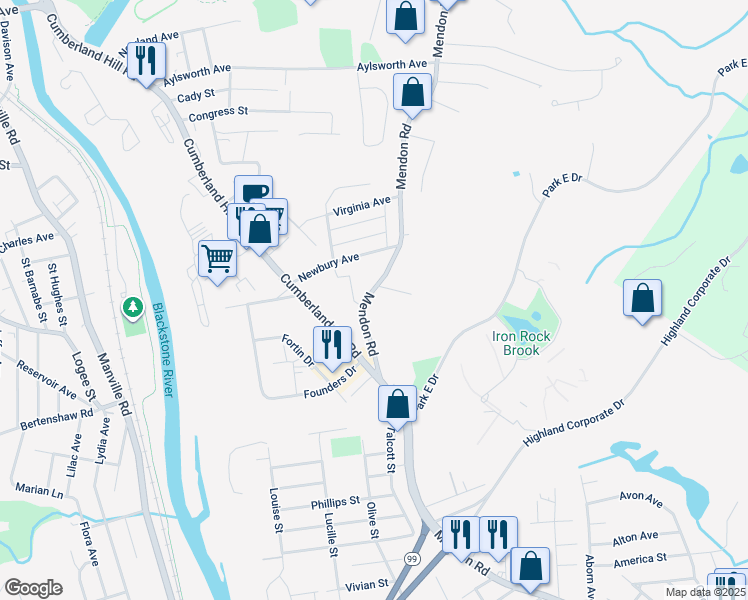 map of restaurants, bars, coffee shops, grocery stores, and more near 35 Armand Avenue in Woonsocket