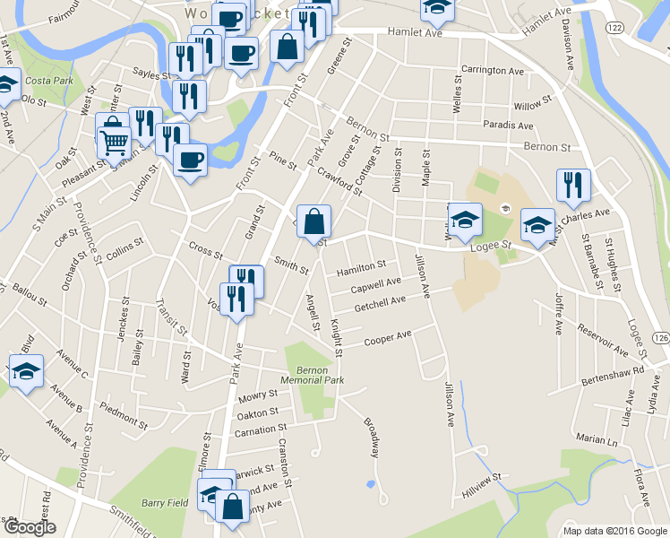 map of restaurants, bars, coffee shops, grocery stores, and more near 54 Hamilton Street in Woonsocket