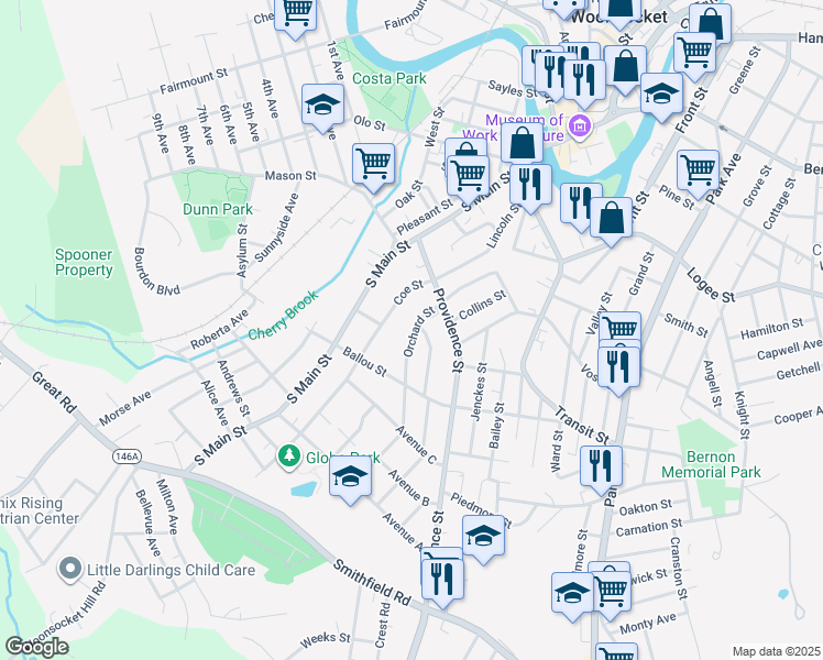 map of restaurants, bars, coffee shops, grocery stores, and more near 69 Orchard Street in Woonsocket