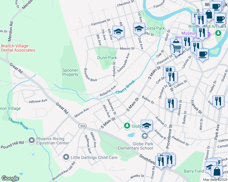 map of restaurants, bars, coffee shops, grocery stores, and more near 40 Roberta Avenue in Woonsocket