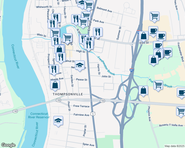 map of restaurants, bars, coffee shops, grocery stores, and more near 1007 Enfield Street in Enfield