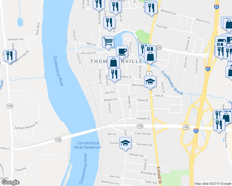 map of restaurants, bars, coffee shops, grocery stores, and more near 125 Pearl Street in Enfield