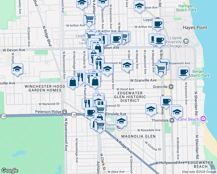 map of restaurants, bars, coffee shops, grocery stores, and more near 1531 West Granville Avenue in Chicago