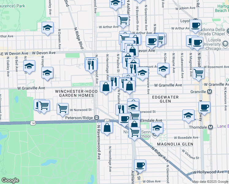 map of restaurants, bars, coffee shops, grocery stores, and more near 6141 North Paulina Street in Chicago