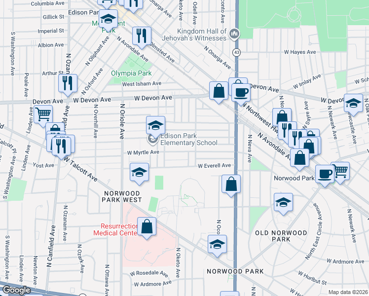 map of restaurants, bars, coffee shops, grocery stores, and more near 7330 West Myrtle Avenue in Chicago