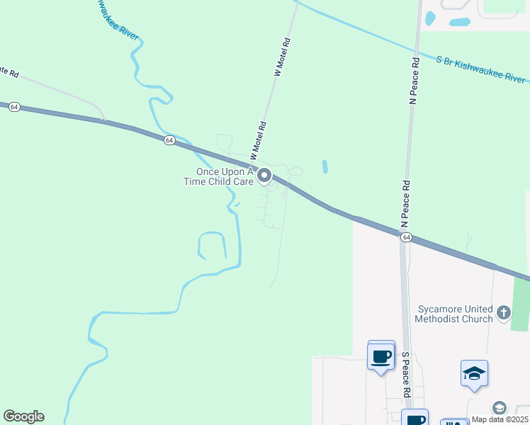 map of restaurants, bars, coffee shops, grocery stores, and more near 120 Liberty Lane in Sycamore