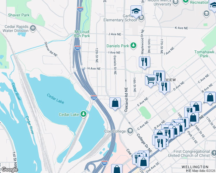 map of restaurants, bars, coffee shops, grocery stores, and more near 826 Center Point Road Northeast in Cedar Rapids
