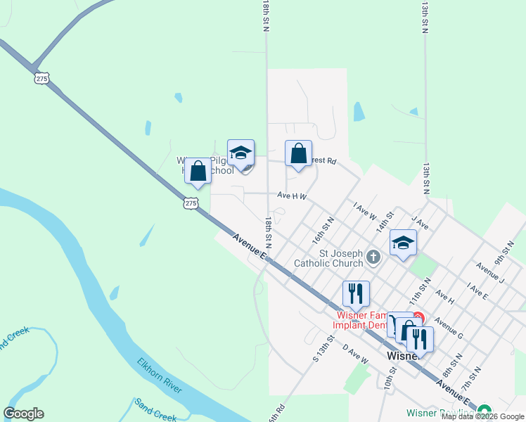 map of restaurants, bars, coffee shops, grocery stores, and more near 618 18th Street North in Wisner