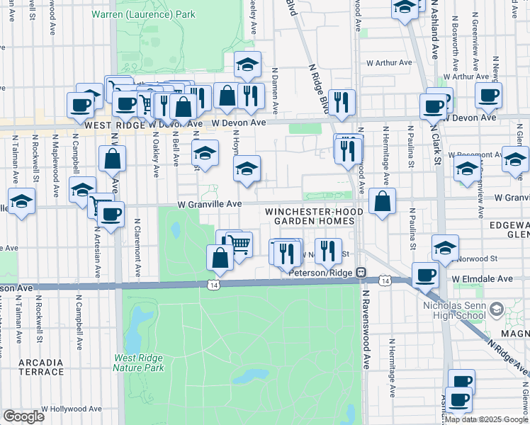 map of restaurants, bars, coffee shops, grocery stores, and more near 2025 West Granville Avenue in Chicago