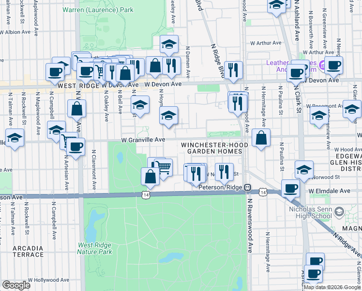 map of restaurants, bars, coffee shops, grocery stores, and more near 2025 West Granville Avenue in Chicago