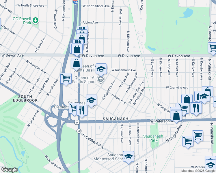 map of restaurants, bars, coffee shops, grocery stores, and more near 6222 North Kilpatrick Avenue in Chicago