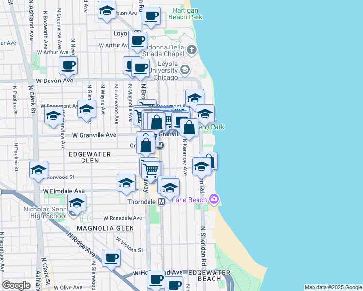 map of restaurants, bars, coffee shops, grocery stores, and more near 6162 North Kenmore Avenue in Chicago