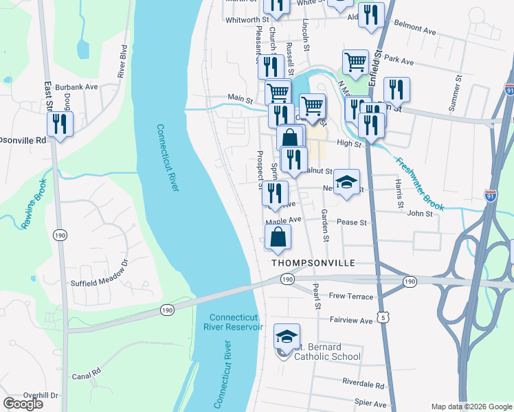 map of restaurants, bars, coffee shops, grocery stores, and more near 92 Prospect Street in Enfield