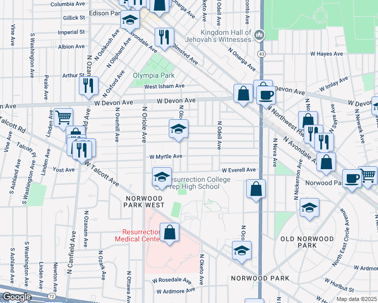 map of restaurants, bars, coffee shops, grocery stores, and more near 7422 W Myrtle Ave in Chicago