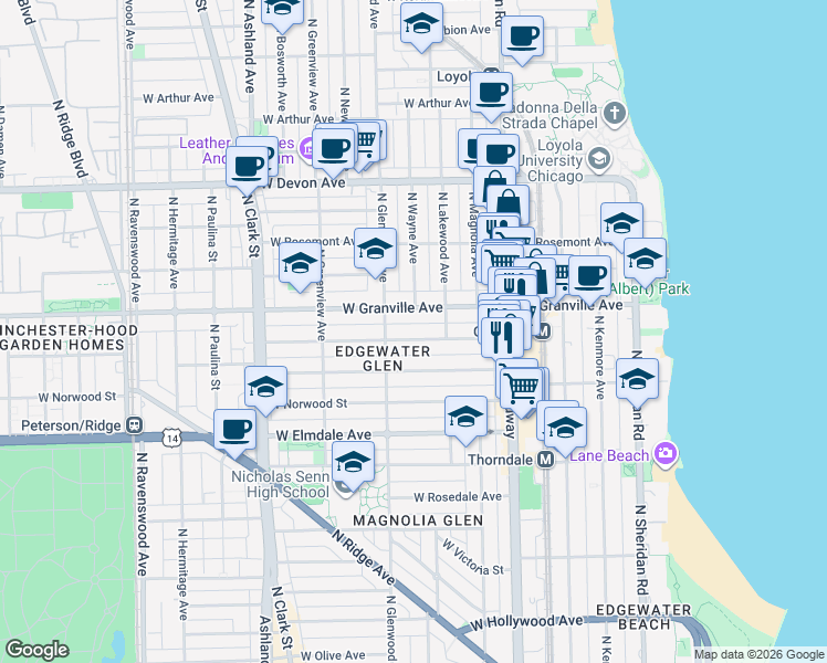map of restaurants, bars, coffee shops, grocery stores, and more near 1332 West Hood Avenue in Chicago