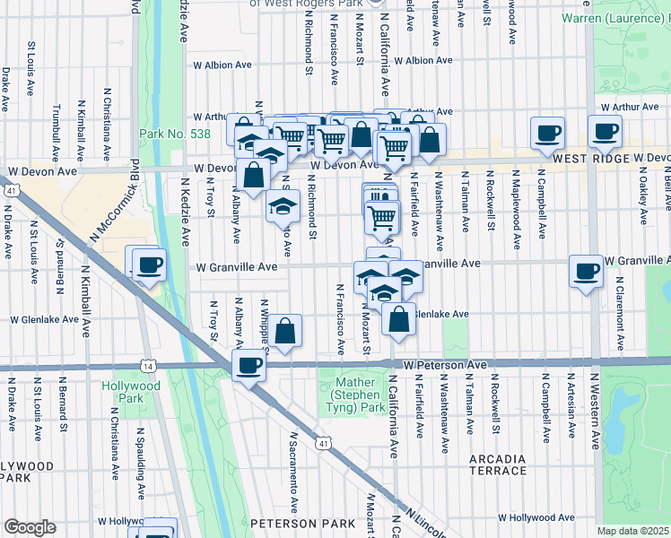 map of restaurants, bars, coffee shops, grocery stores, and more near 2903 West Granville Avenue in Chicago