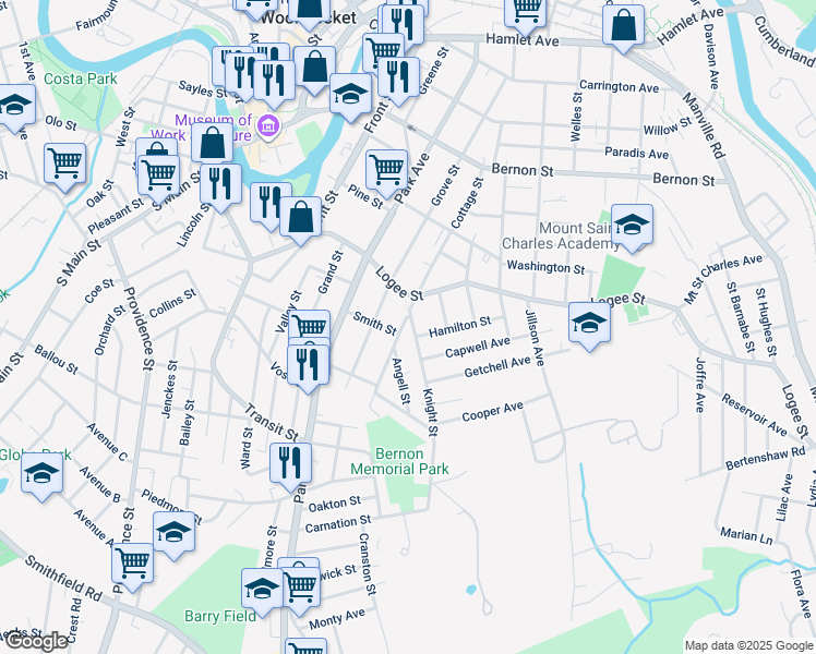 map of restaurants, bars, coffee shops, grocery stores, and more near 69 Knight Street in Woonsocket