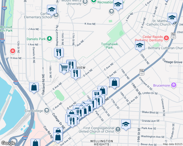 map of restaurants, bars, coffee shops, grocery stores, and more near 1721 D Avenue Northeast in Cedar Rapids