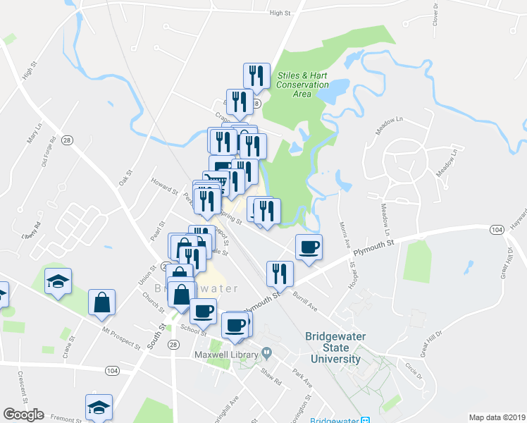 map of restaurants, bars, coffee shops, grocery stores, and more near 80 Spring Street in Bridgewater