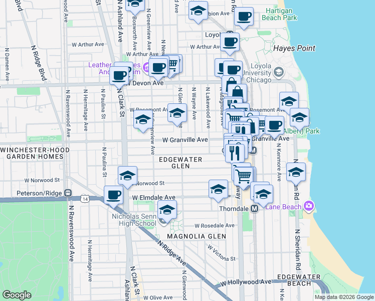 map of restaurants, bars, coffee shops, grocery stores, and more near 1344 West Hood Avenue in Chicago