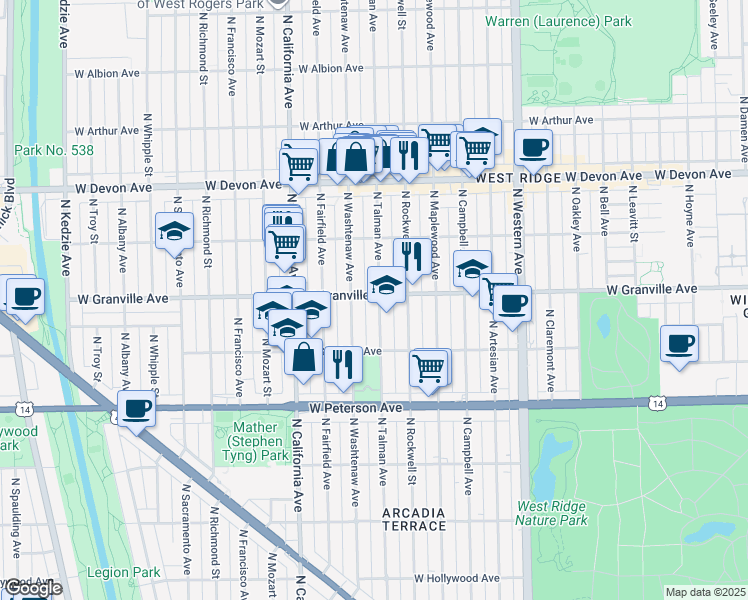 map of restaurants, bars, coffee shops, grocery stores, and more near 6156 North Talman Avenue in Chicago