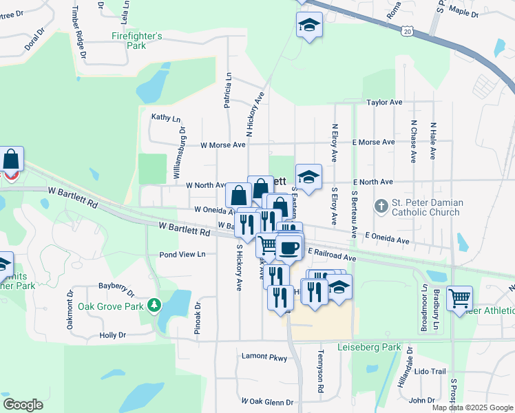 map of restaurants, bars, coffee shops, grocery stores, and more near 126 South Oak Avenue in Bartlett