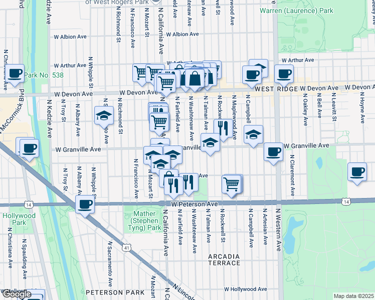 map of restaurants, bars, coffee shops, grocery stores, and more near 2707 West Granville Avenue in Chicago