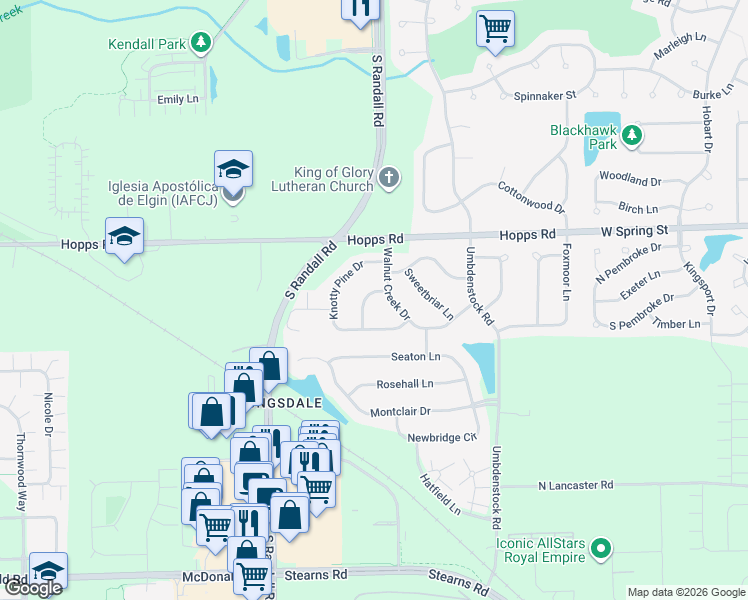 map of restaurants, bars, coffee shops, grocery stores, and more near 1425 Misthaven Lane in Elgin