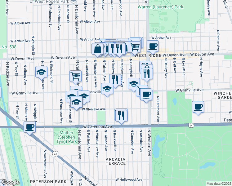 map of restaurants, bars, coffee shops, grocery stores, and more near 6157 North Rockwell Street in Chicago