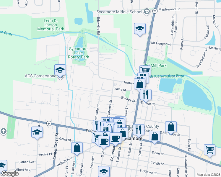 map of restaurants, bars, coffee shops, grocery stores, and more near 465 North California Street in Sycamore