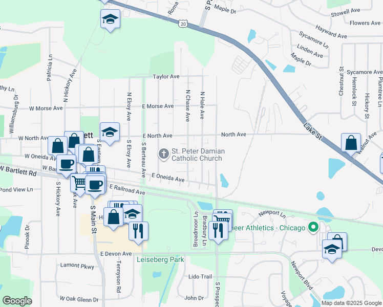 map of restaurants, bars, coffee shops, grocery stores, and more near 121 Lucille Court in Bartlett